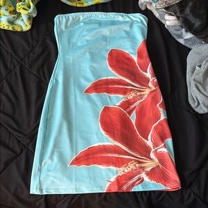 Floral Strapless Dress in Red and Blue